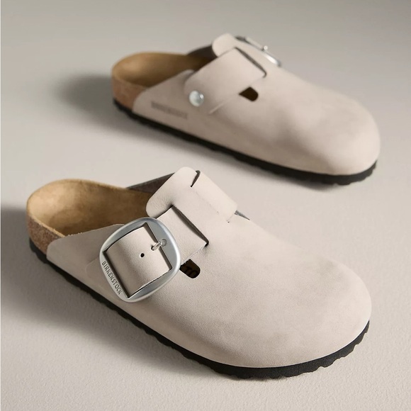 Birkenstock Shoes - Birkenstock Anthropologie Boston Big Buckle Clogs in Stone Coin Grey
